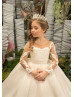 Long Sleeves Beaded Ivory Lace Tulle Luxury Flower Girl Dress
